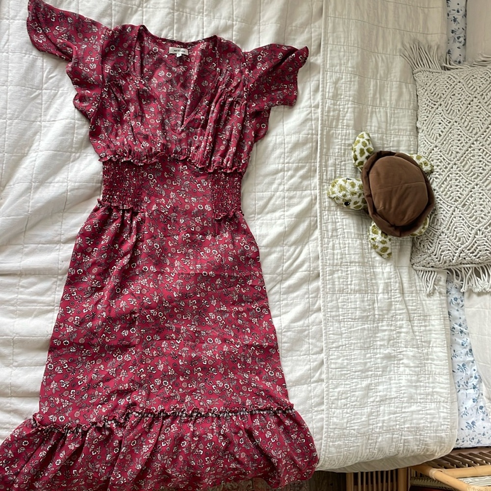 red floral midi dress